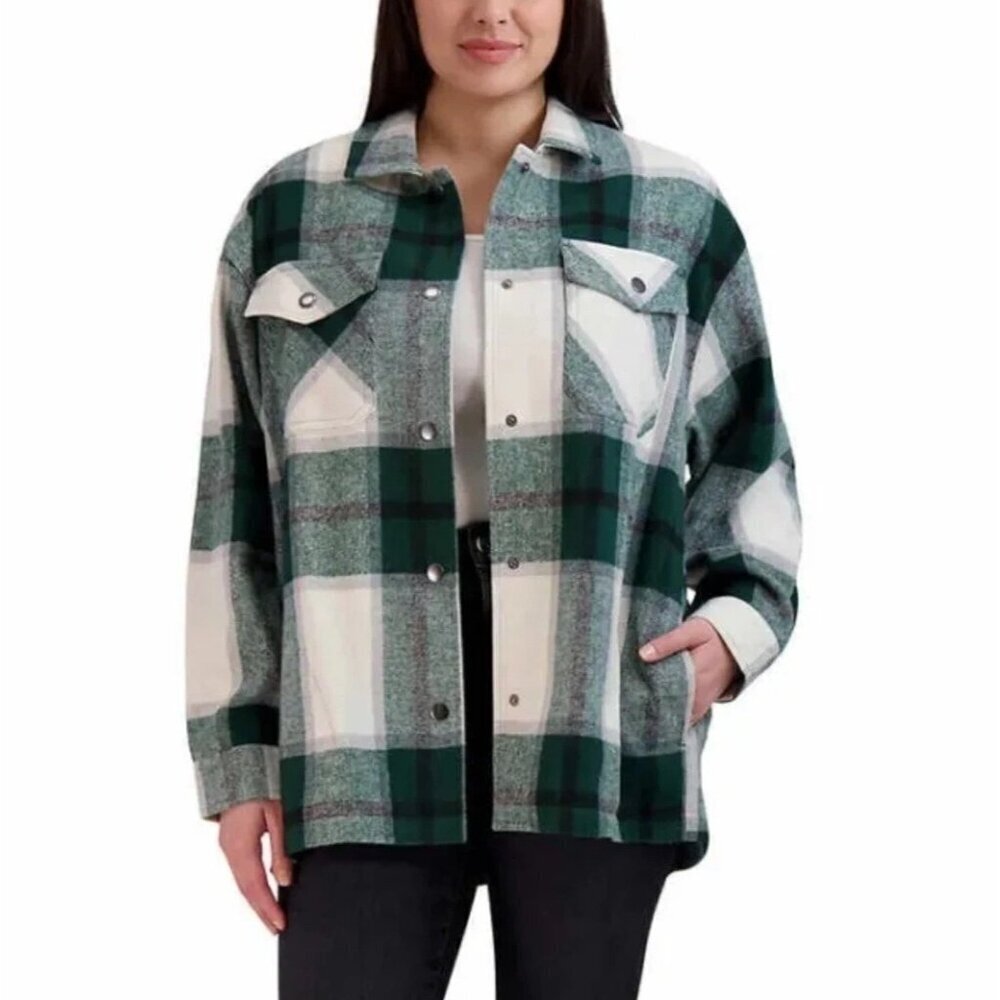 HFX Women's XXL Flannel Shirt Jacket Green White Plaid M0797